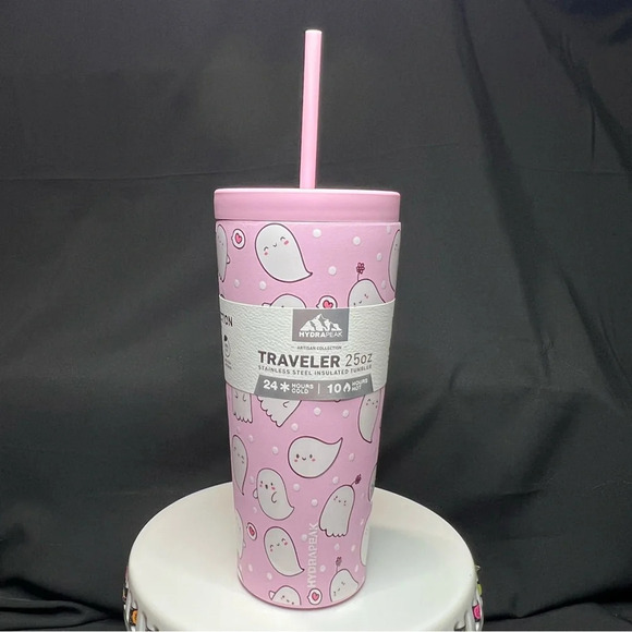 HydraPeak 2024 Halloween Pink Blushing Ghost w/ Flower & Heart Stainless Tumbler - Picture 2 of 13